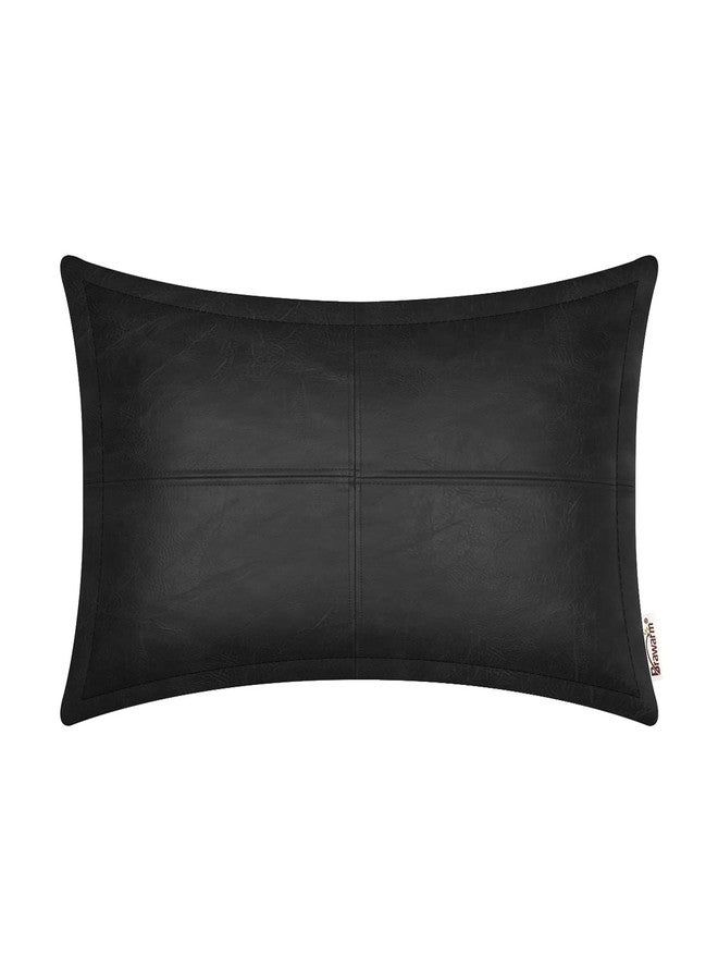 BRAWARM Black Leather Throw Pillow 12 X 20 Inches, Faux Leather Pillow Cover with Piping, Hand Stitched Decorative Lumbar Throw Pillow Covers for Couch Sofa Bed Living Room Garden - Image 1